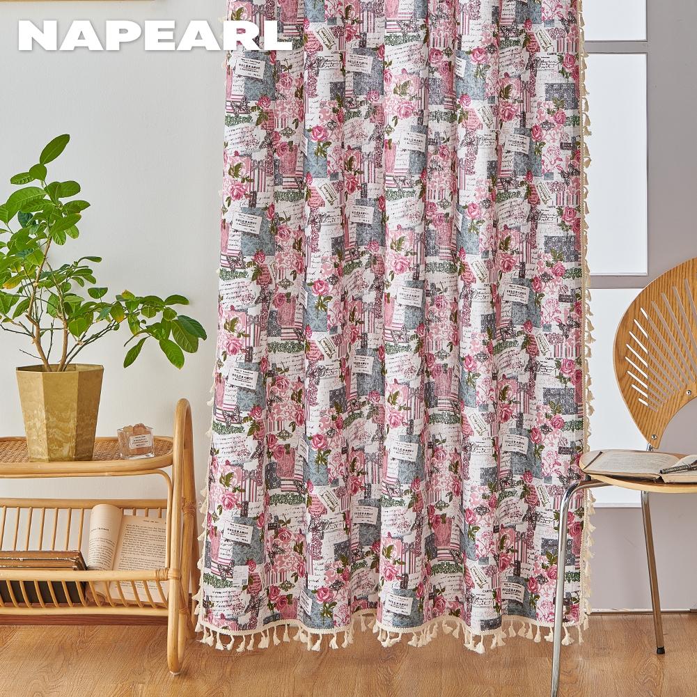 1PC NAPEARL Semi Blackout French Romantic Retro Curtains Pink Rose Printed Tassel Curtains for Small Windows Balcony Bedroom Living Room Home Decor