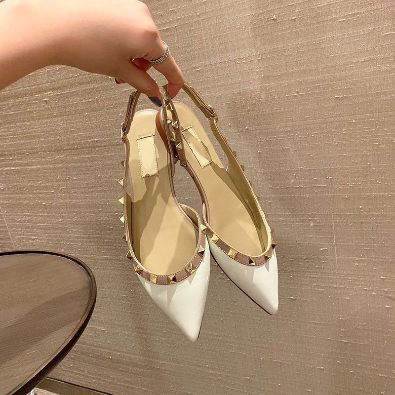 Rivet Sandals 2025 New Summer Patent Leather Rear Empty Pointed Single Shoes Women's Bag Head Medium Heel Thick Heel Versatile Flat Shoes