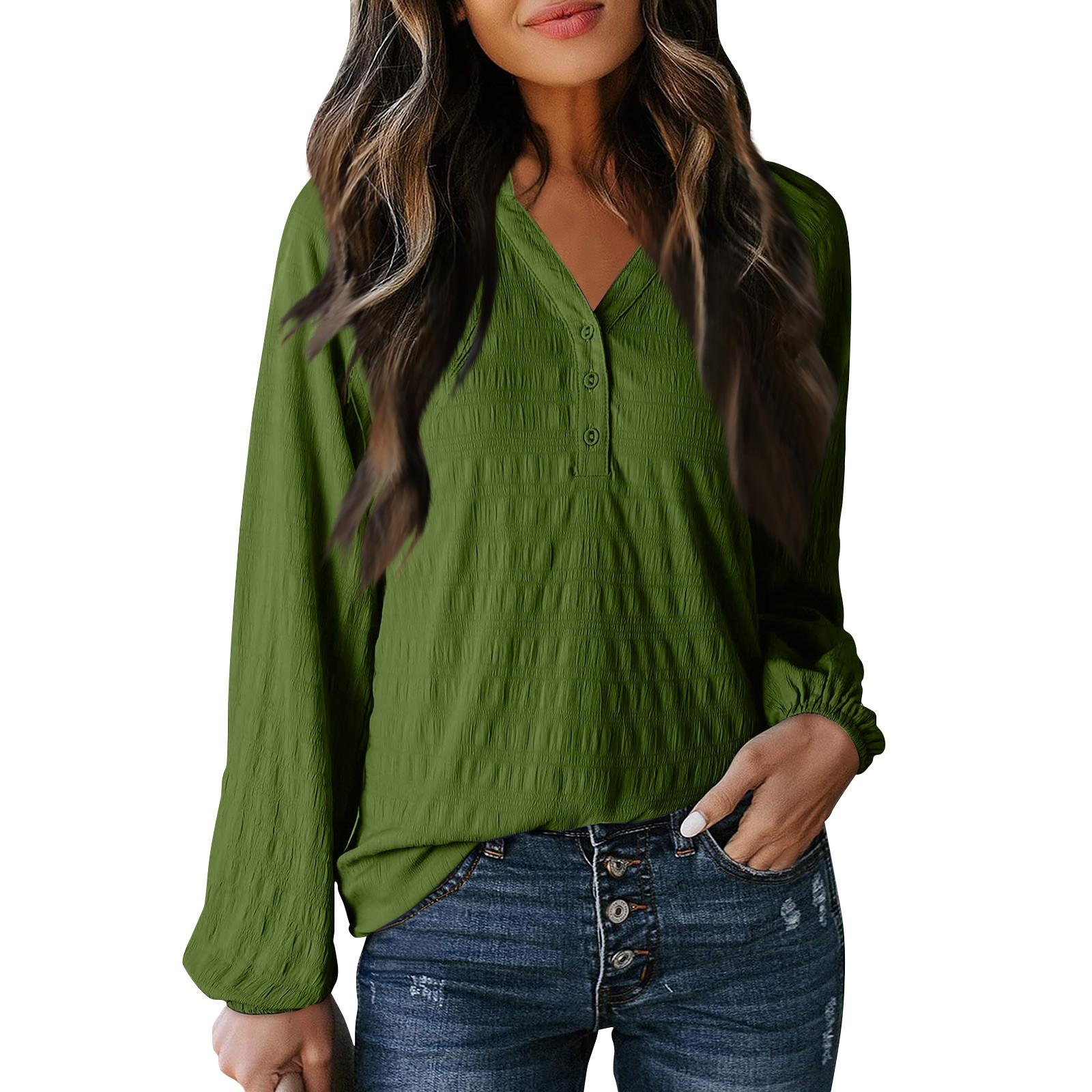 

Женская модная повседневная рубашка с текстурированным V-образным вырезом на пуговицах L армия зеленый