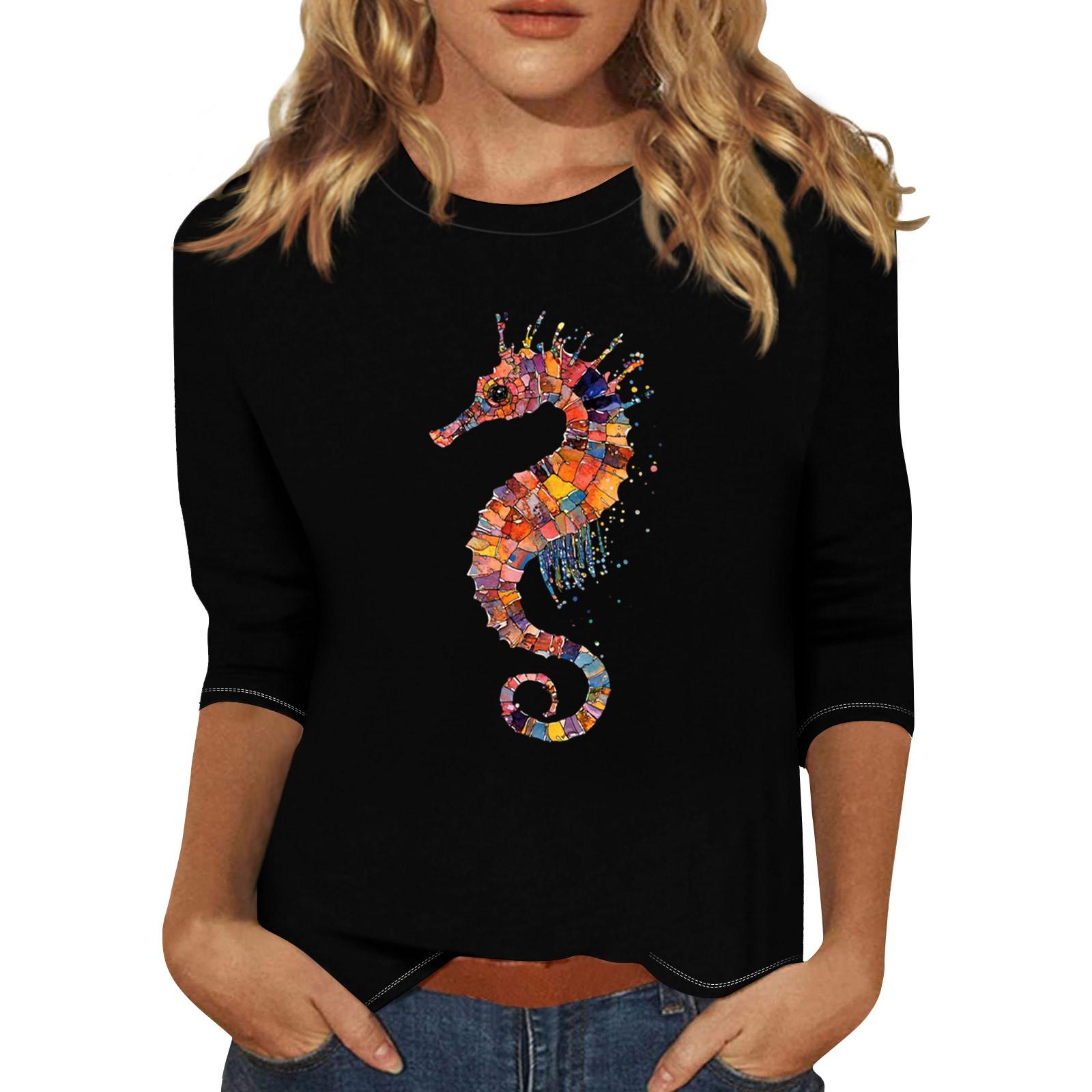 

Women s Fashion Casual Three-quarter Sleeve Hippocampus Printed Round Neck Pullover Top S чорний