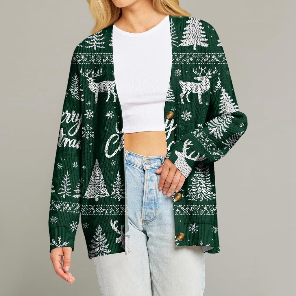 Women's Fashion Long Sleeve Christmas Print V-Neck Button Loose Cardigan Top