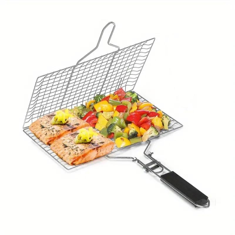 1pc Folding Portable BBQ Grill Basket    Stainless Steel BBQ Rack With Removable Handle for Meat, Steak, Shrimp, Vegetable