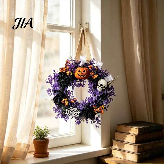 Elegant Mystery Style Garland Halloween Wreaths for Front Door, Skull Pumpkin Wreath with Berries, Black Spooky Bat Cabin Party Props Roses,