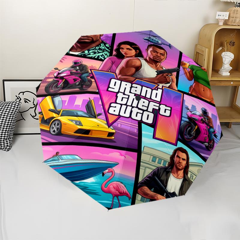 Game Grand Theft Auto Print Automatic Umbrella, 8 Rib Iron Frame, Plastic Handle, Suitable for Outdoor Travel &Daily , Ideal Gift