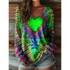 Women's Autumn Long-Sleeve T-Shirt V-Neck Loose Fit Patchwork Style with Irregular Geometric Print Trendy Street-Style Top
