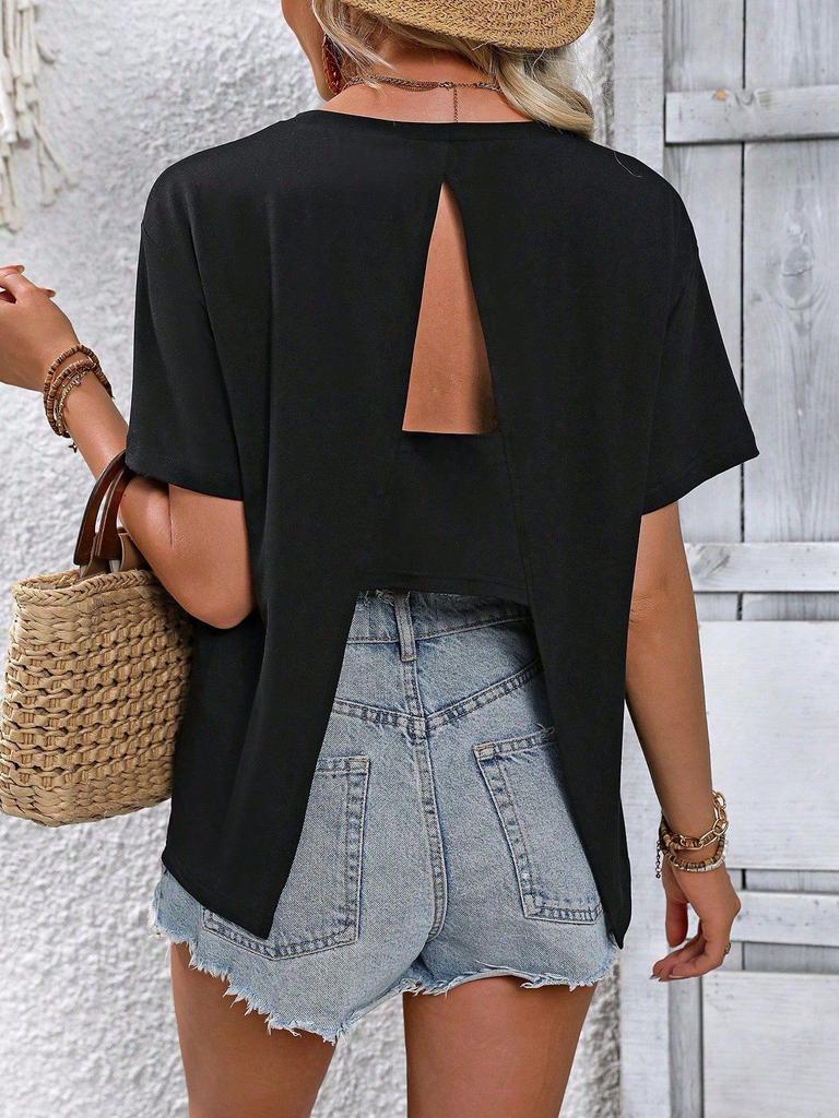 Women's Solid Color Round Neck Short Sleeve Casual T-shirt with Back Slit