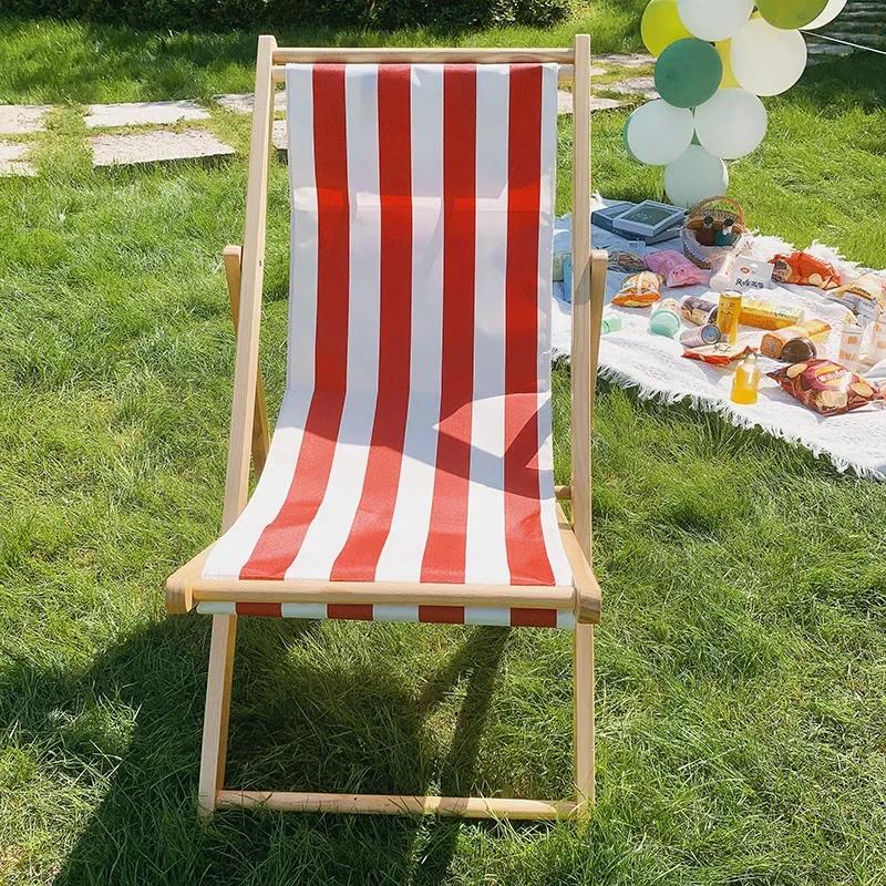 Outdoor Minimalist Beach Chair Modern Luxury Design Wooden Foldable Lounge Oxford Cloth Portable Comfortable Leisure Furniture