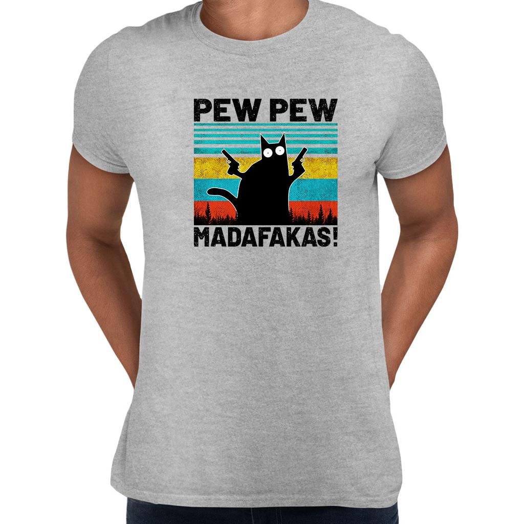 PEW PEW MAD Vintage Funny T-Shirt Cat Retro Kitten Xmas Gift Unisex Tops