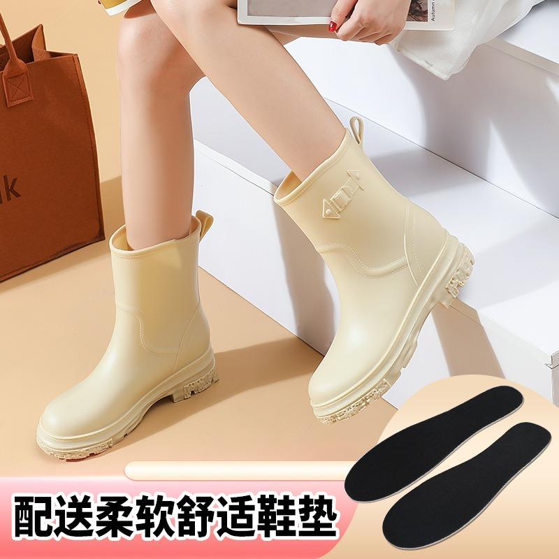 Women's Medium Tube Rain Shoes Non-slip Outer Wear Fashion Trend Waterproof Thick Sole Height Increase Thin Overshoes Rain Boots