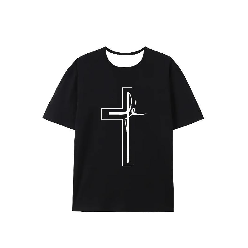 European sizes Men'S Summer Casual Sports T-Shirt with Religious Cross Print, Polyester 100%, Crew Neck, Short Sleeve, Geometric Pattern