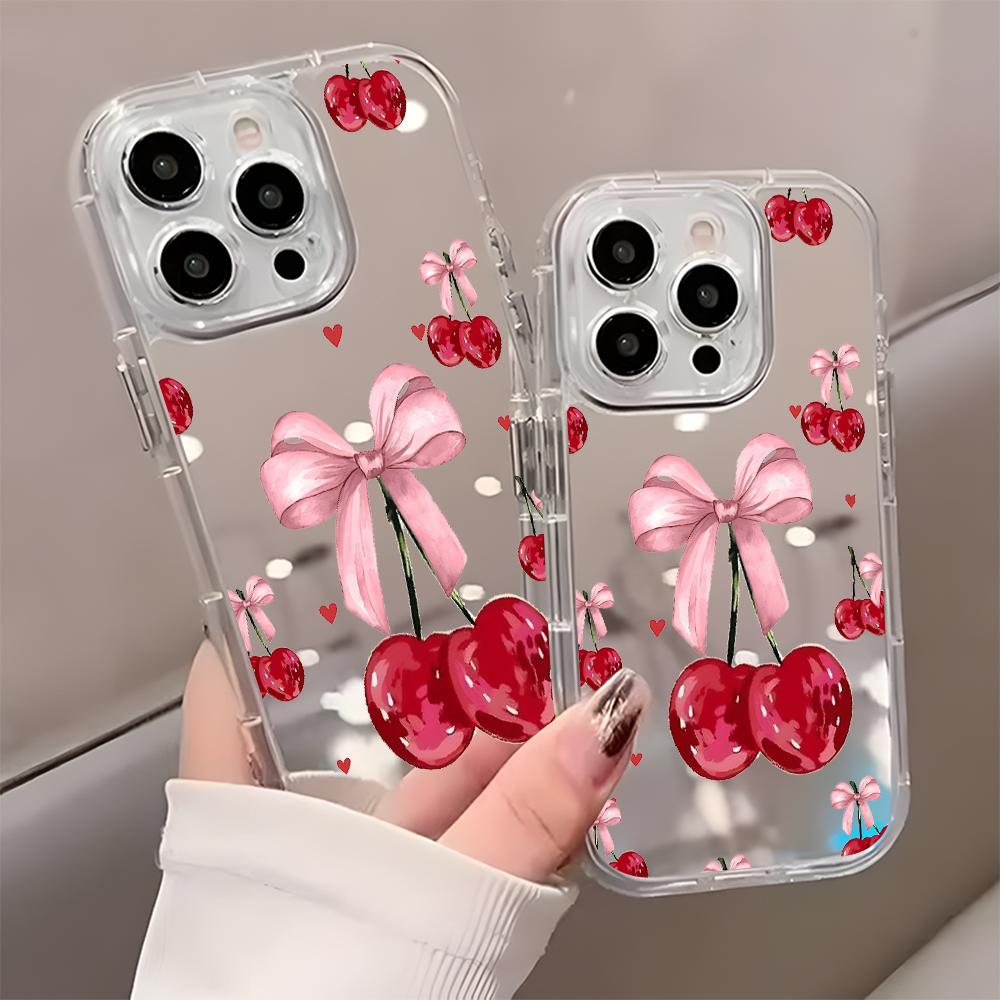 Cute Cherry Bow Pattern Back Mirror Phone Case For iPhone 11 12 13 14 15 16 17 Pro Max X XR XS 7 8 Plus 17 Air Shockproof Cover