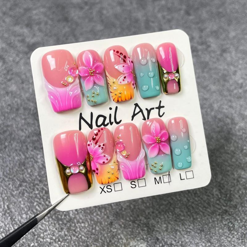 3D Floral Embossed Press-On Nails Sweet Cool Style French Gradient Blush Nail Tips Women Small