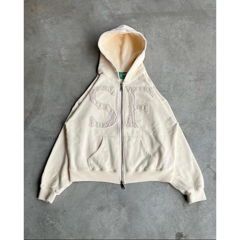 RogueWave Y2k Harajuku Retro Trendy Marke Buchstabenstickerei Oversized Sweatshirt Damen High Street Fashion Lockerer Reißverschluss-Hoodie