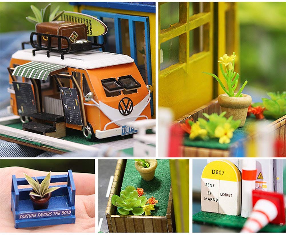 moin moin Dollhouse Miniature Handmade Kit Set French Cafe on a Midsummer Day France Retro Blue x Yellow Mobile Sales Vehicle Kitchen Car Medium Size