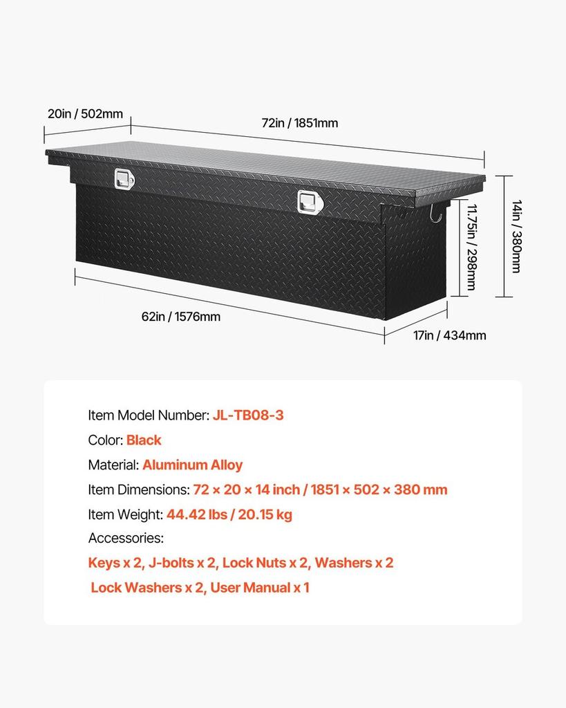 Crossover Truck Tool Box, 72x20x14 In, Heavy Duty Aluminum Toolbox with Diamond Texture, Pick Up Truck Bed RV Trailer Toolbox, Waterproof Storage