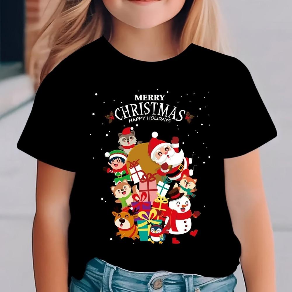Christmas Summer Fashion Girls' Short Sleeved T-shirt with Santa Claus, Snowman, Cartoon Pattern Print