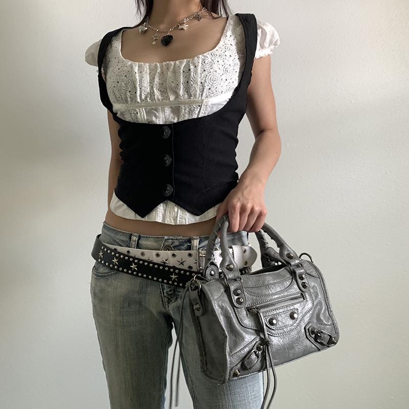 2KWEIRD Black Button Up Corset Top Women Fashion Sleeveless Skinny Tank Tops Vintage Y2k Streetwear Tees Harajuku 90s Girdle Vest