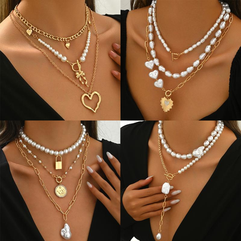 Vintage Layered Pearl Necklace For Women Gold Plated Multi Layer Chain Choker With Heart Lock Pendant For Party Daily Jewelry