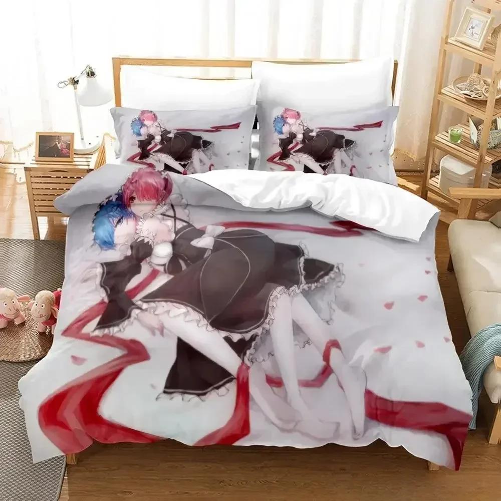 New Re Zero Rem Ram Bedding Set Cartoon Anime Three-piece Set Adult Kid Bedroom Duvet Cover Sets 3D Kawaii Girl Home Textile