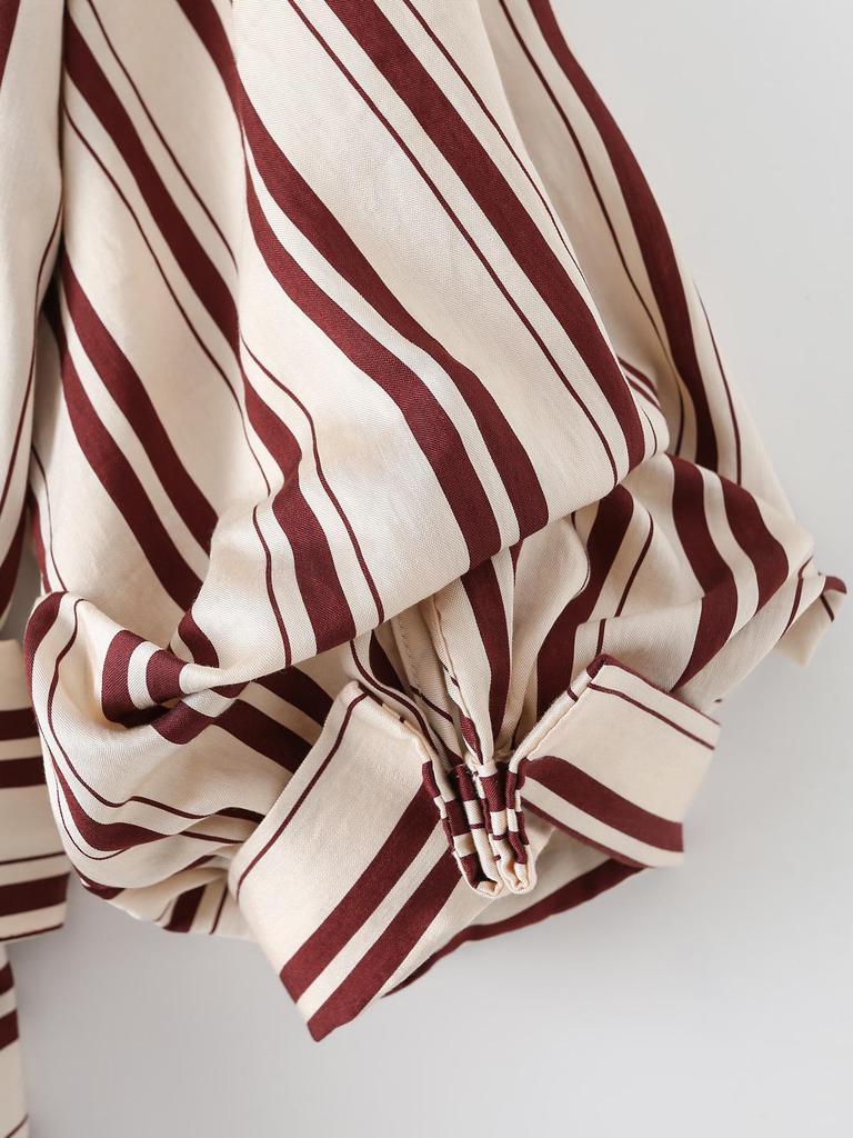 European & American Style Women's V-Neck Striped Midi Dress with Belt, Spring 2026 New Arrivals.