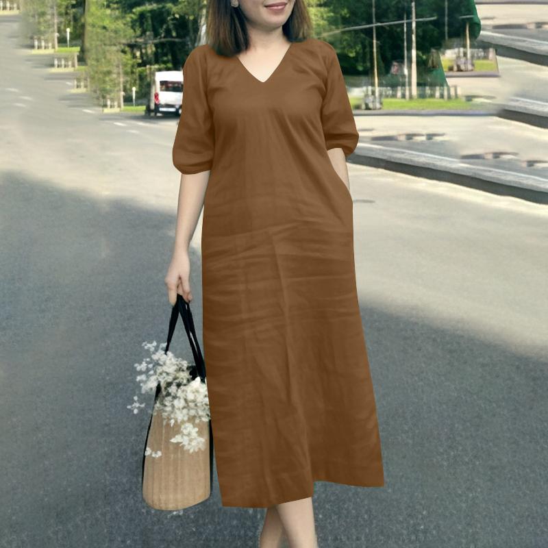 

ZANZEA Женское летнее платье свободного покроя с V-образным вырезом и коротким рукавом 5XL коричневый