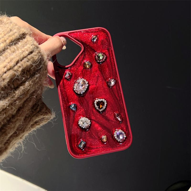 Fashion Luxury Glitter Rhinestone Diamand Phone Case For iPhone 17 16 Pro Max 15 13 14 12 11 Red Silicone Back Cover