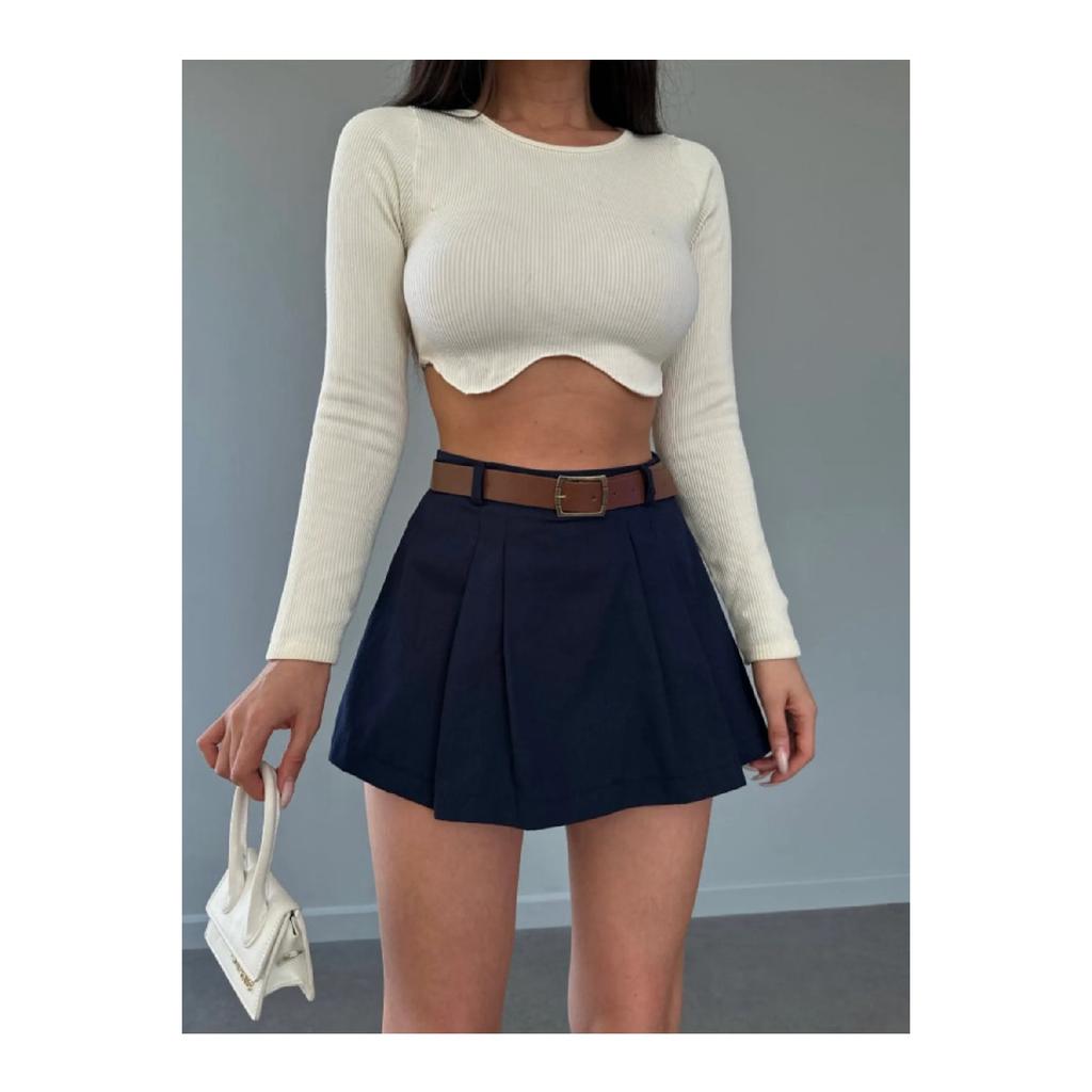 Women's Stone Pleated Belt Detailed Short Skirt