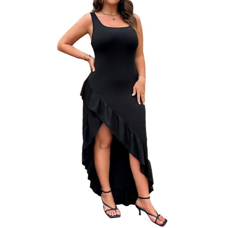 Women Black Square Neck Sleeveless Asymmetrical Ruffle Hem Slit Maxi Dress