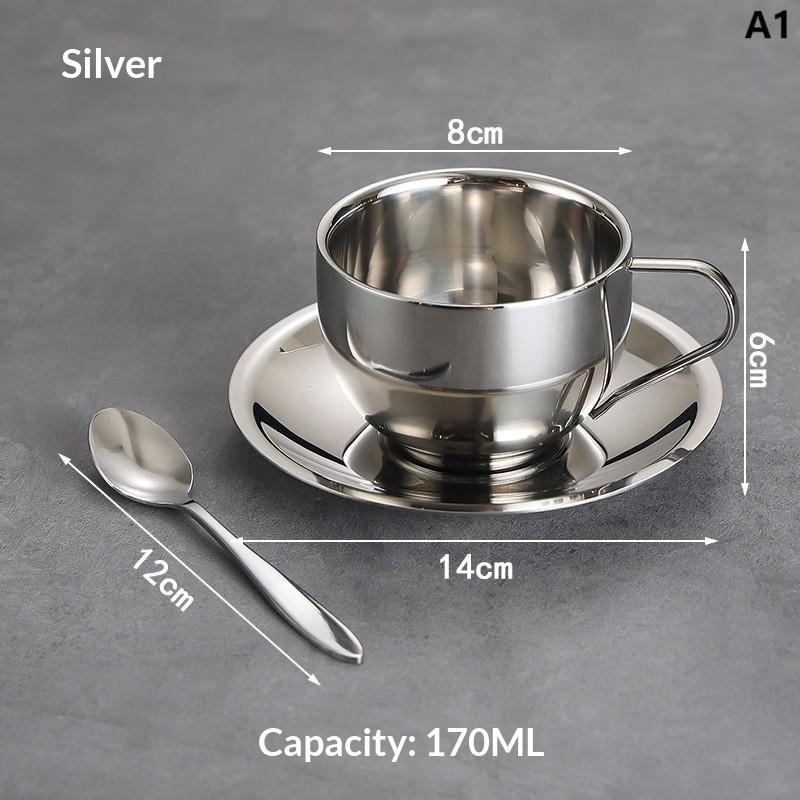 Tasse à café en acier inoxydable 170/200/250/280 ml Tasse à lait et ensemble soucoupe Avec sous-tasse Tapis Cuillère Poignée Facile à nettoyer et réutilisable