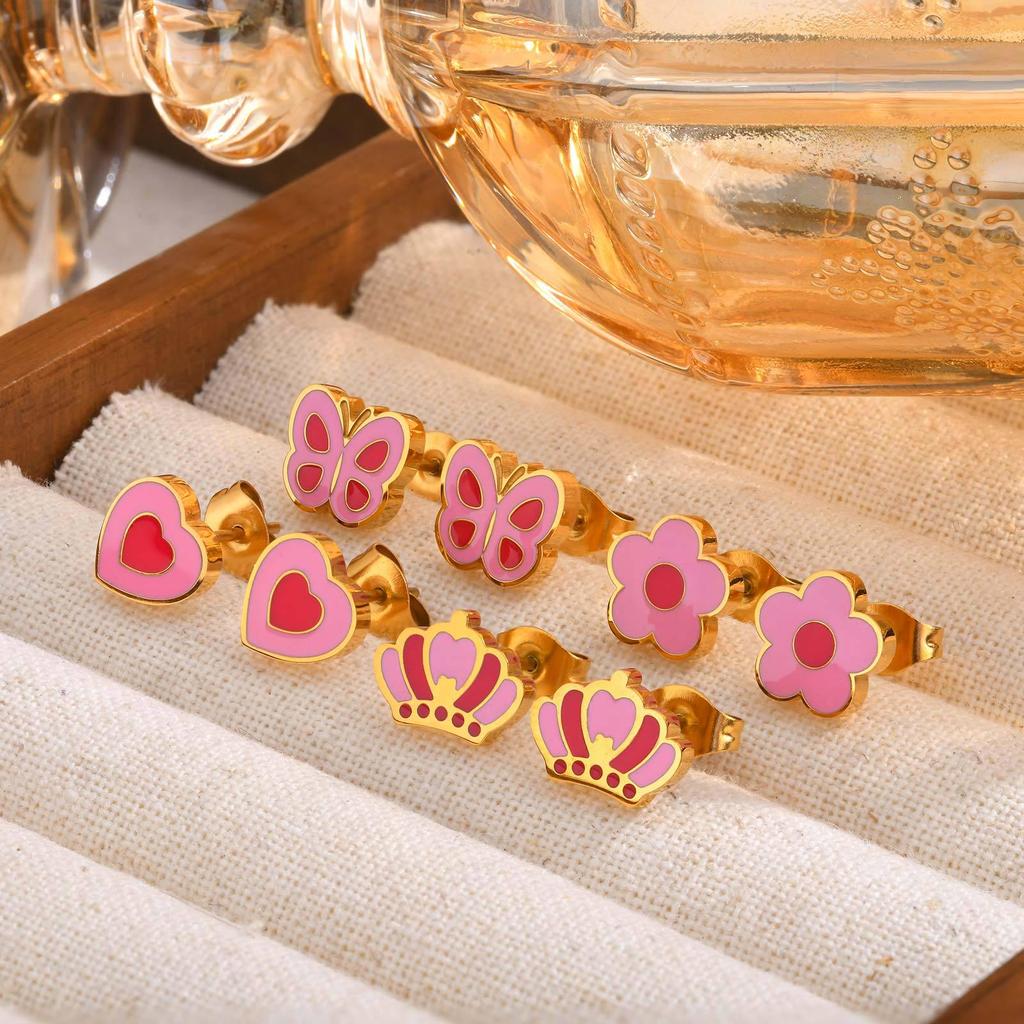 Women's Pink Flower & Butterfly Stud Earrings for Kids - European American Style