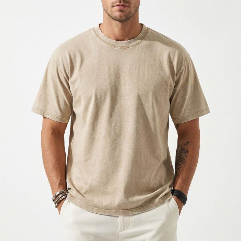 200G Washed Vintage T Shirt Men Loose Fit Cotton Short Sleeve American Style