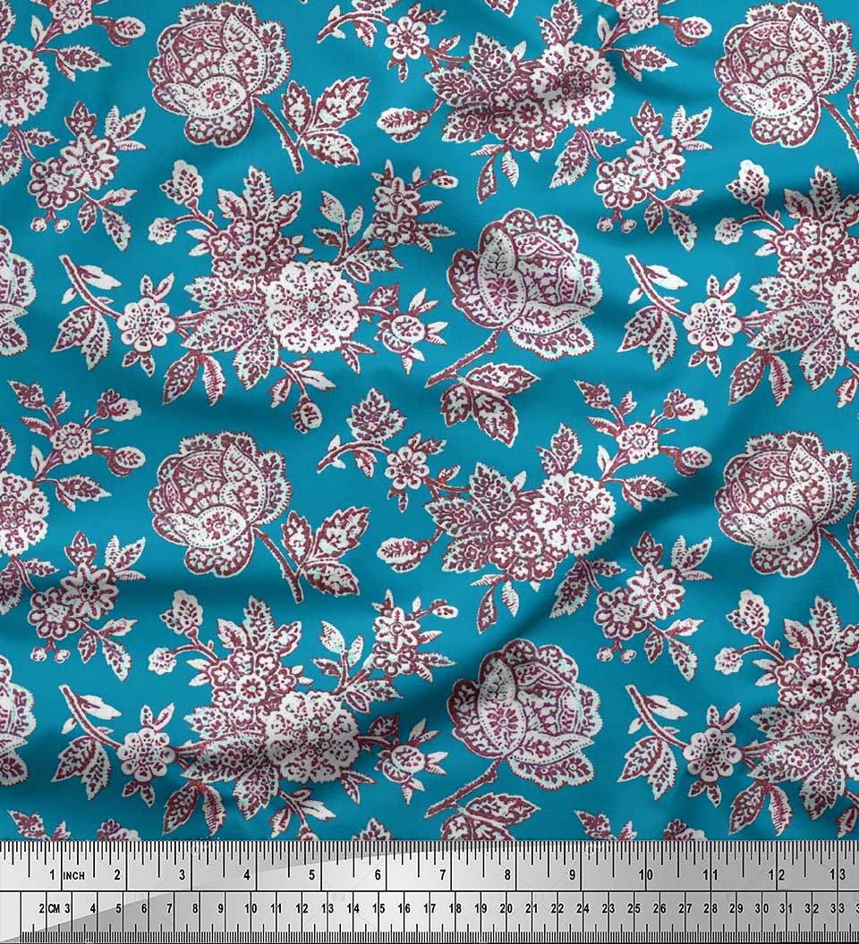 

Японська креп-атласна тканина Soimoi з листям і квітковим художнім принтом Тканина на метри 42 дюйми 42 Inch Wide - Poly Crepe синій