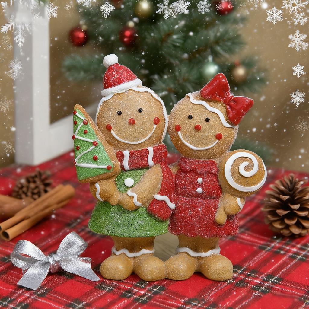 Christmas Gingerbread Couple Resin Figurine – Hand-Painted Holiday Décor, Boy With Tree Cookie & Girl With Bow And Lollipop, Tabletop/Mantel