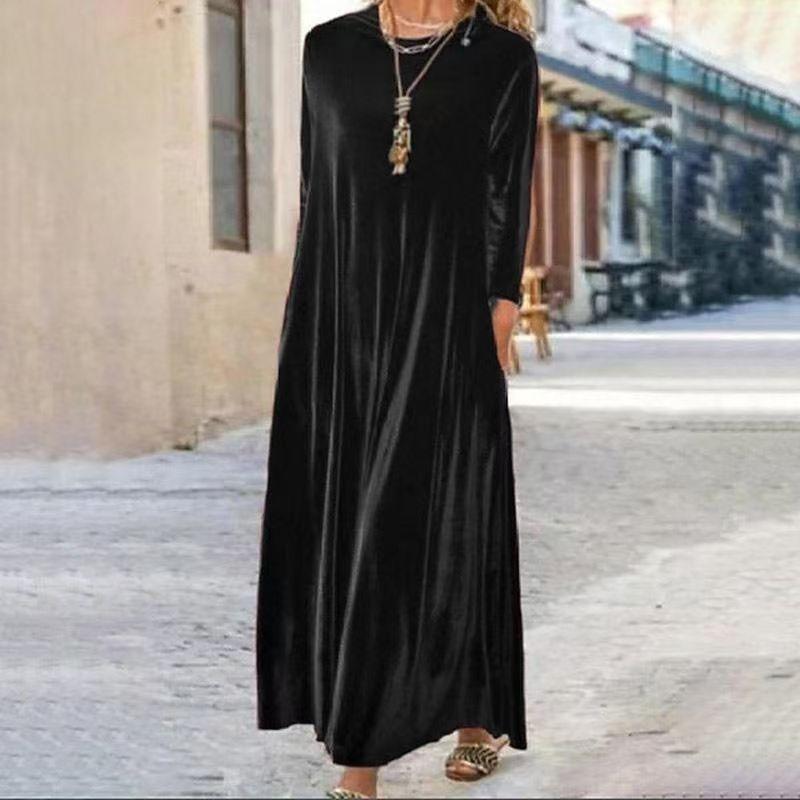 Robe Velours Doré Style Étranger Noble Manches Longues Printemps et Automne Nouvelle Robe Mi-longue Ajustée Col Superposé Tempérament