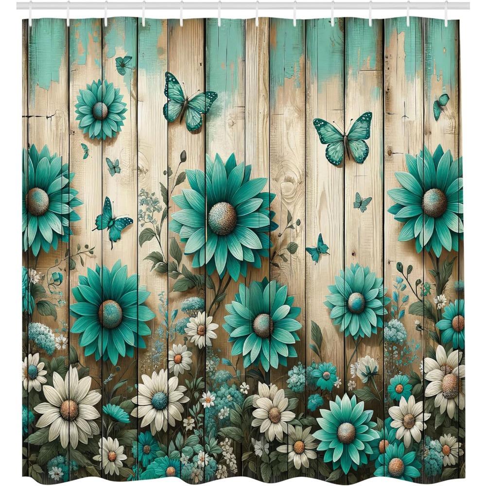 Country-Style Shower Curtain With Vibrant Daisy And Butterfly Floral Pattern, Durable Fabric For Bathroom Decor