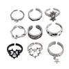 Packung mit 9 Dornringen für Männer und Frauen, Gothic-Stile, Silber-Set mit Schmetterlings- und Blumenmuster-Ornament