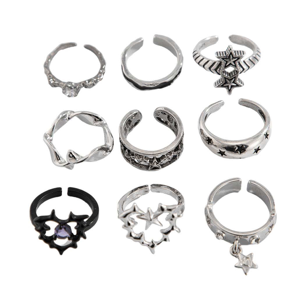 Packung mit 9 Dornringen für Männer und Frauen, Gothic-Stile, Silber-Set mit Schmetterlings- und Blumenmuster-Ornament