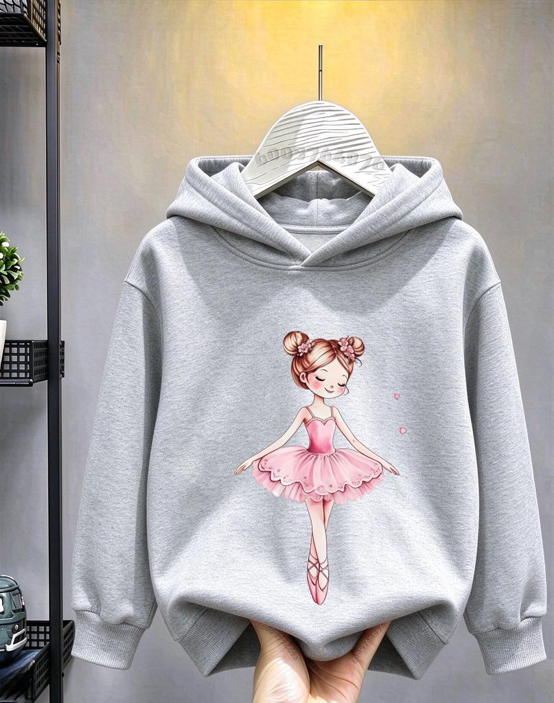 Autumn/Winter Children's Hooded Sweater - Sweet Cartoon Ballet Dancer Pattern Print -Soft and Breathable Long-Sleeved Hooded Top