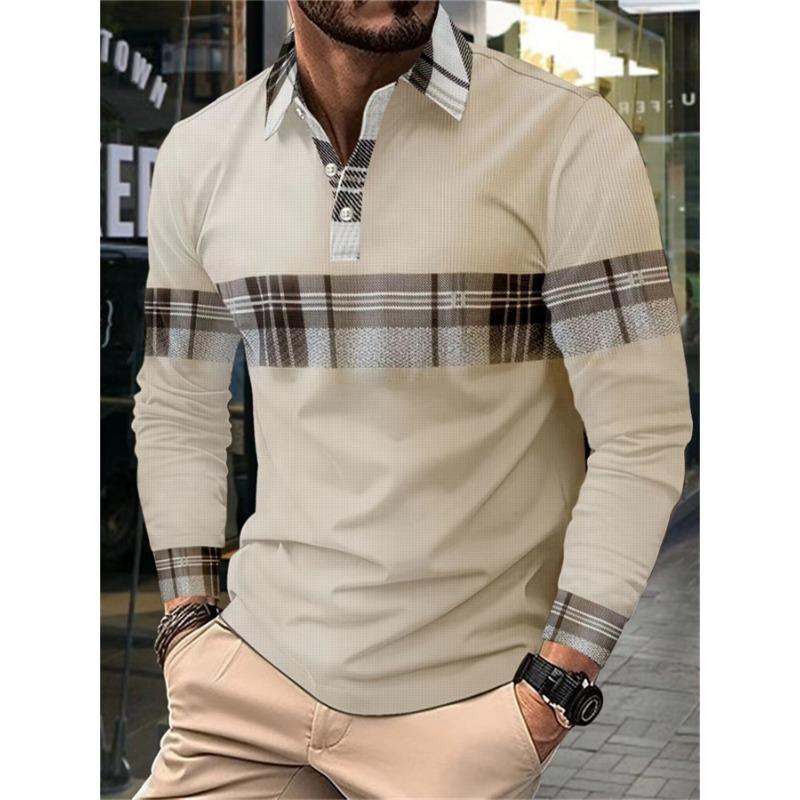 New Men's Casual Polo Shirt Long-Sleeved Colour-Blocked Checkered Button-Down Waffle-Weave Print Long-Sleeved Top