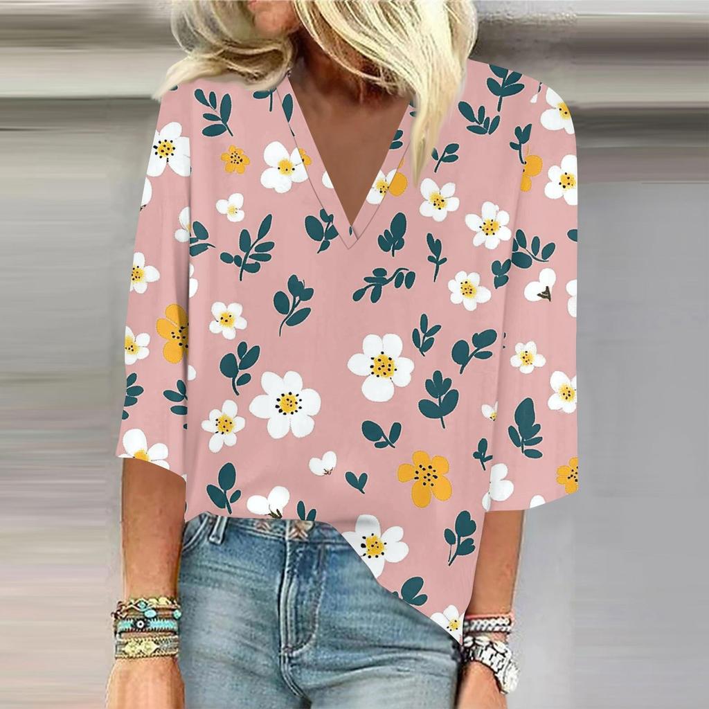 Women's Shirt Blouse Casual Loose Shirts 3/4 Sleeve Print V Neck Tops Print Tops T-shirts Tee