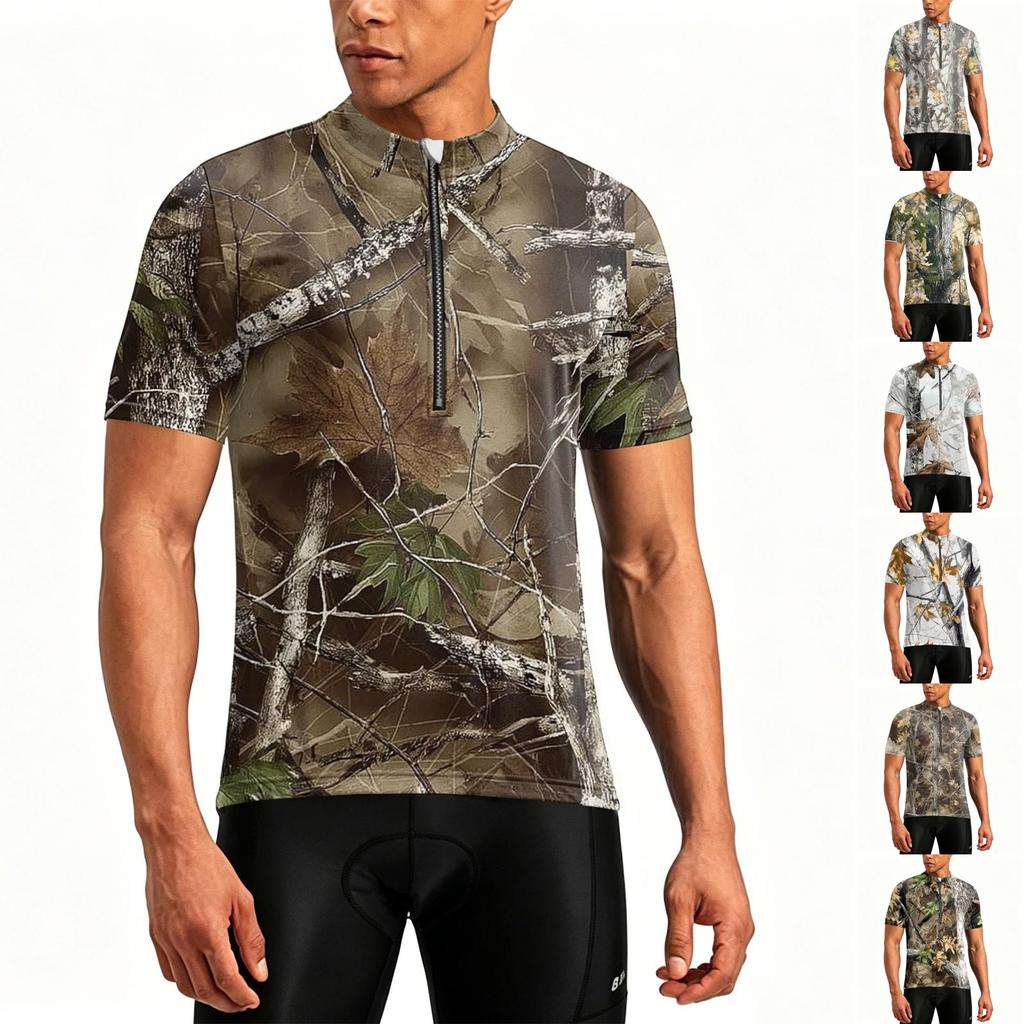 Herren Kurzarm Radtrikot Atmungsaktiv Schnelltrocknend Leicht Reißverschluss Vorne Rundhals Sportshirt für Outdoor-Aktivitäten