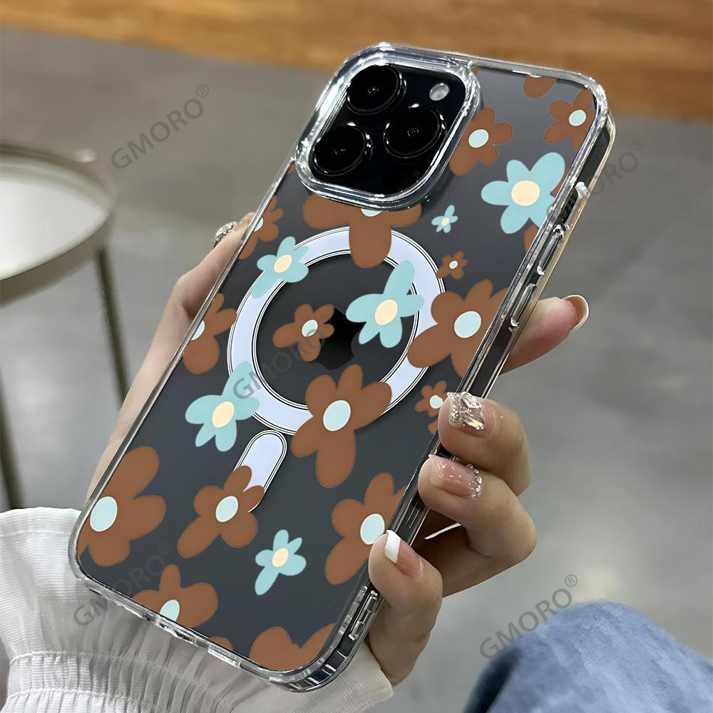 Korean Retro Contrasting Color Flower Mobile Phone Case iPhone12 Transparent Magnetic Mobile Phone Case Apple 17 Premium Sense
