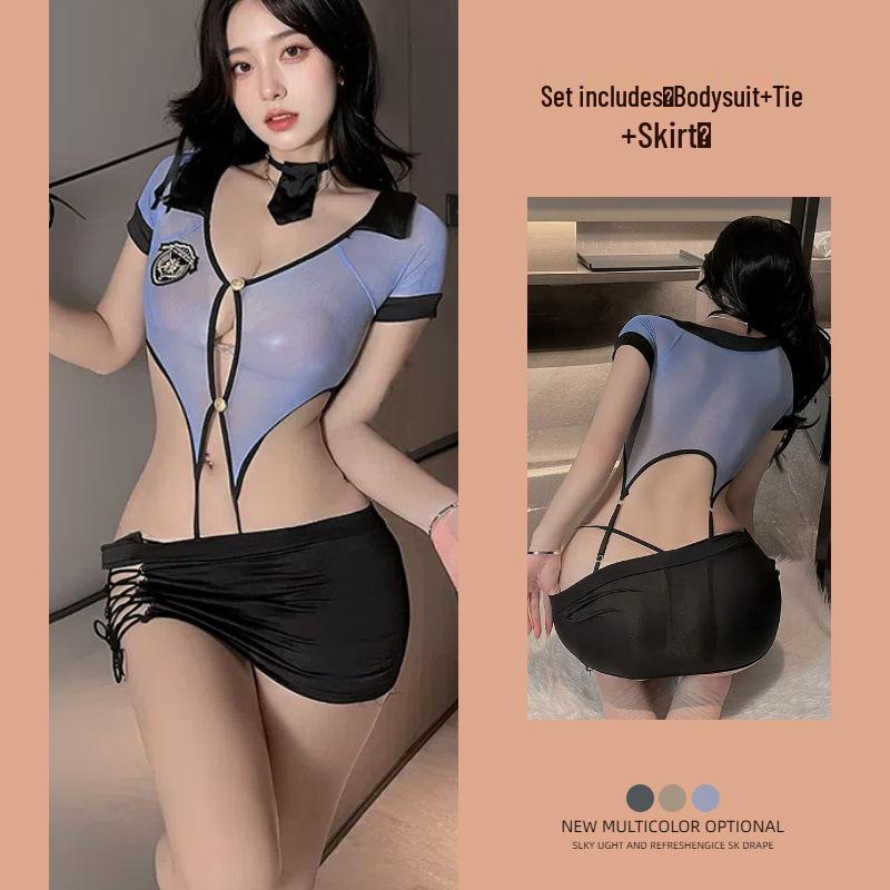 Policewoman Cosplay Lingerie: Sexy V-Neck One-Piece with Hollow Straps and Hip Skirt.