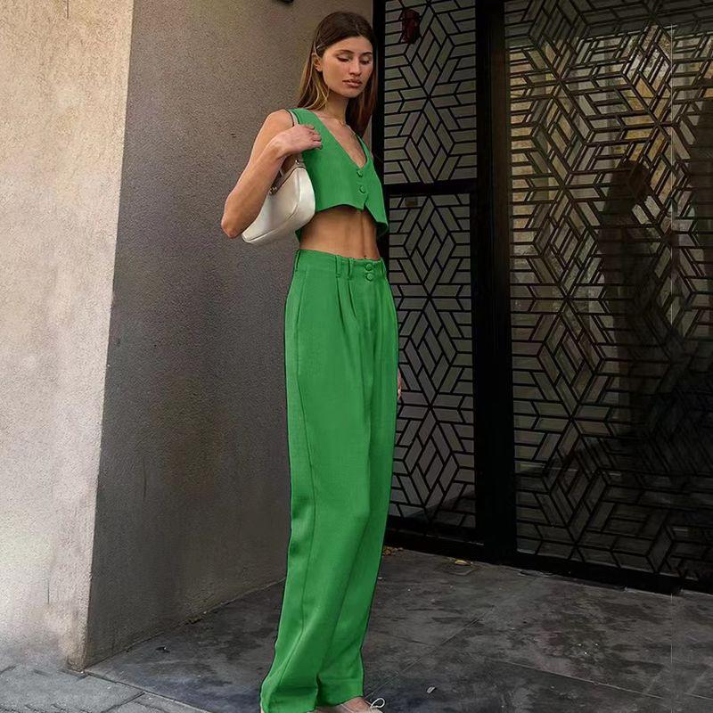 Fashion Summer Pure Color V-neck Midriff-Baring Vest Pants Suit Short Tank Top and Pants Set