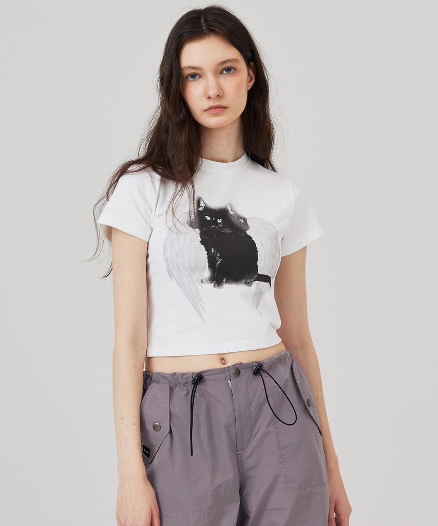 KITTY POTTERY Angel Cat Short Sleeve T-Shirt White