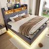 LED Upholstered Bed 180 x 200 cm, Upholstered Storage Bed with USB Charging Port and Hydraulic Storage, Skin-friendly Linen Fabric, Grey