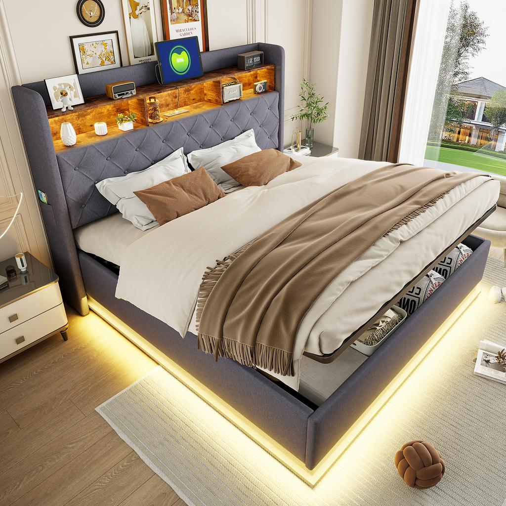 LED Upholstered Bed 180 x 200 cm, Upholstered Storage Bed with USB Charging Port and Hydraulic Storage, Skin-friendly Linen Fabric, Grey
