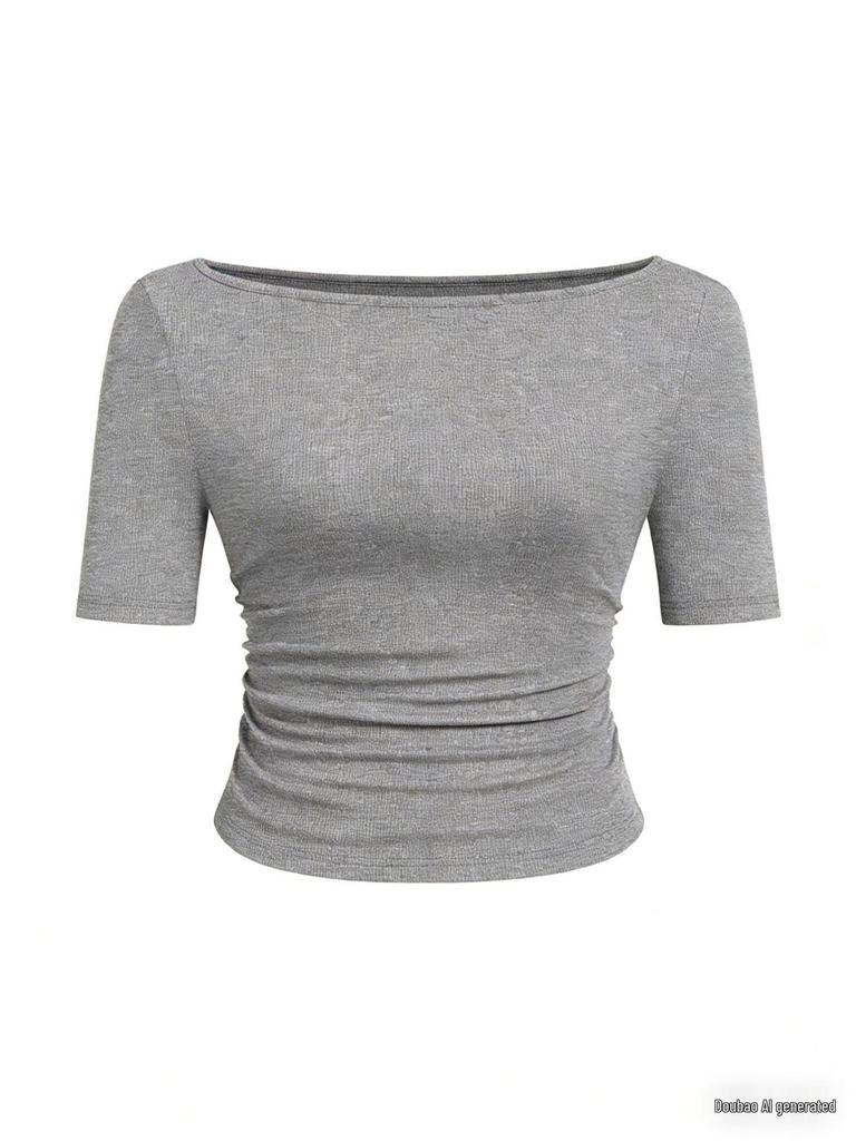 2025 Jesień Dopasowany Damski Top z Dekoltem Łódkowym, Dzwonkowym Rękawem i Marszczeniami - Jednolity Kolor, Długi Rękaw