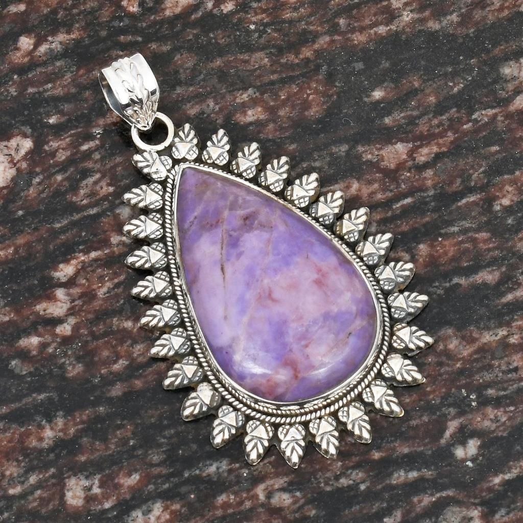 Natürlicher Charoit Edelstein Anhänger, 925 Sterling Silber, Birnenförmiger Edelstein, handgefertigter Anhänger Schmuck, Geschenk für Frauen, Ostergeschenk