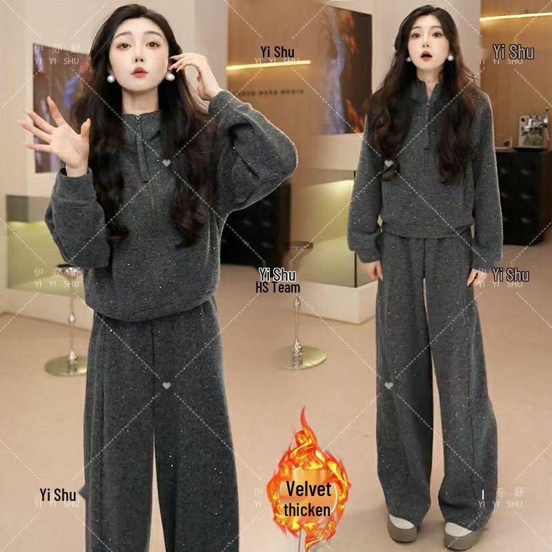 

Women s Stylish Plus-Velvet Hooded Sweatshirt and Sports Pants Set, Autumn/Winter Thickened Loose Half-Zip Two-Piece Outfit. 3XL темно-сірий